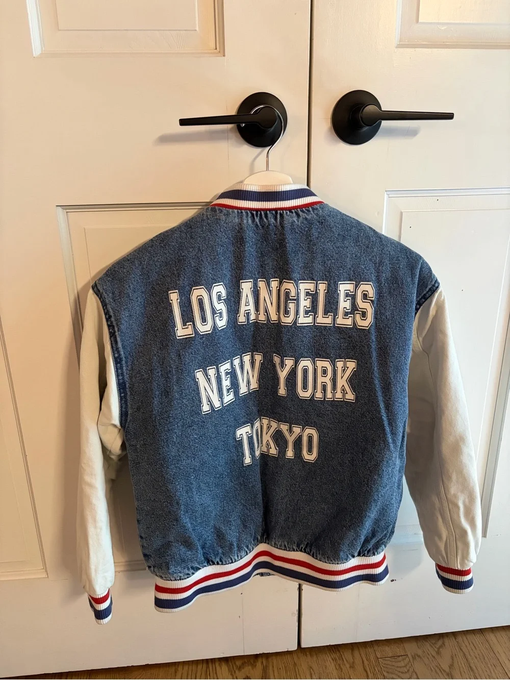 Zara Blue Denim & White Sleeve Kids Varsity Bomber Jacket ♻️🪩